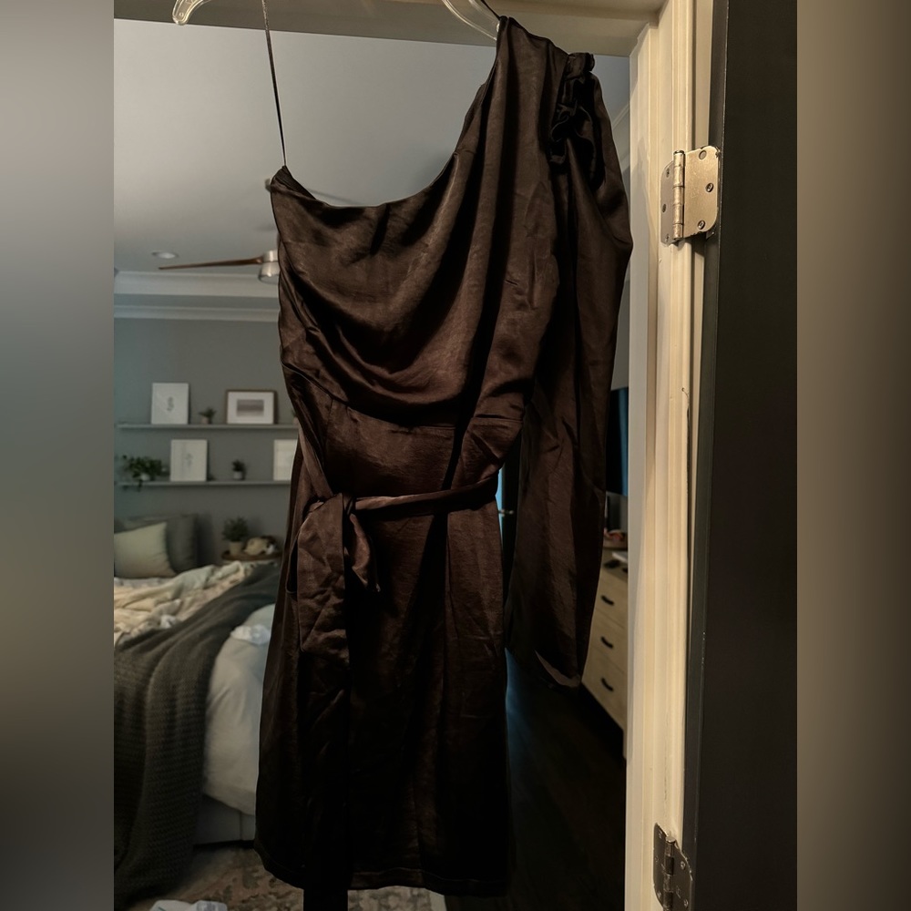 Black satin one shouldered dress